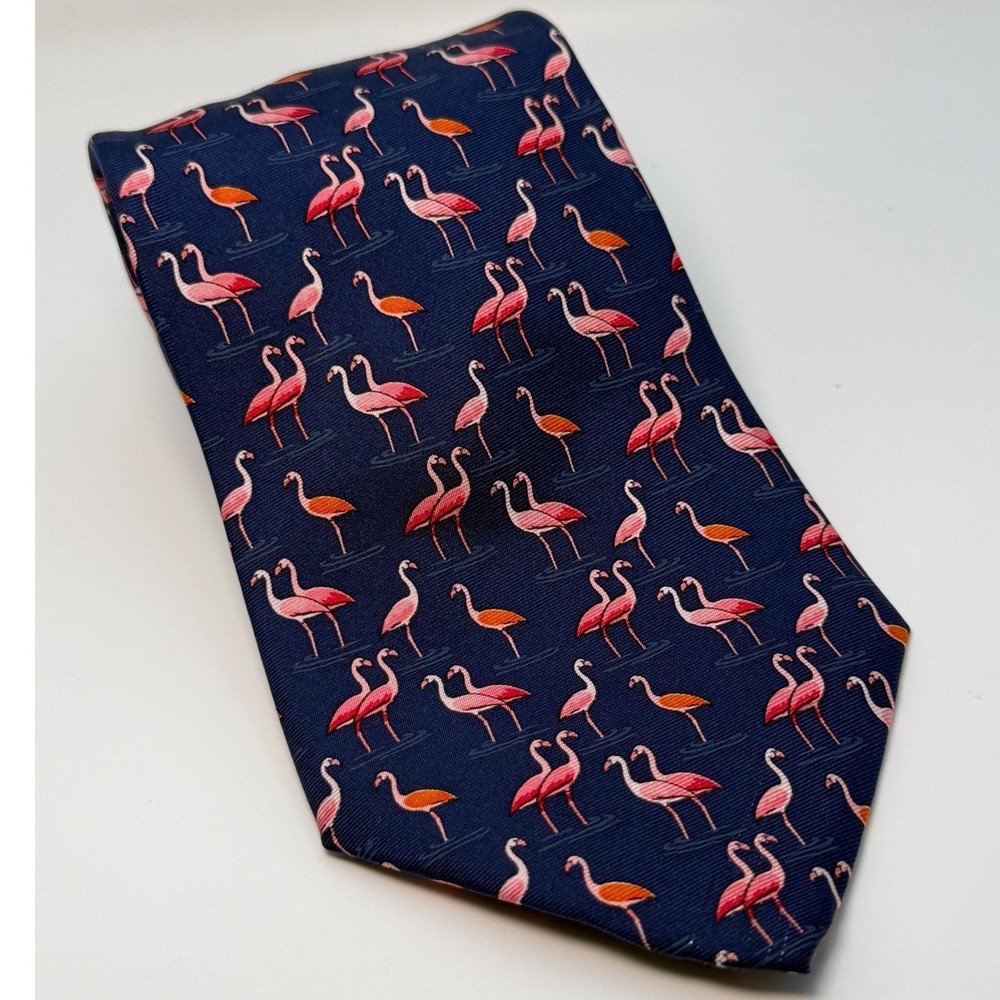 Brooks Brothers Makers Flamingo Tie Navy Pink Pure Silk Printed Italy Made USA